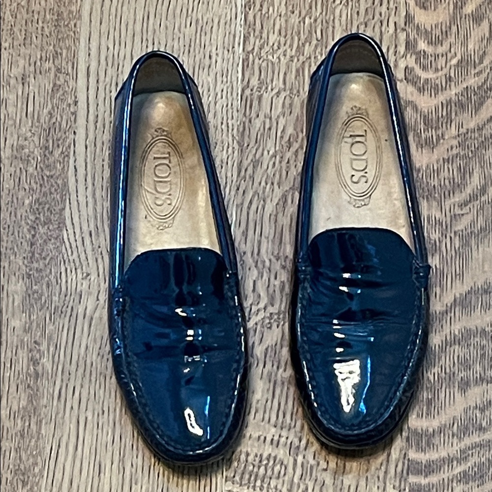 Tod’s Blue Patent Leather Penny Driving Loafers